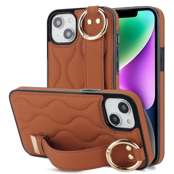 Allytechgroup 2024 New Trendy Back Case Cover for Apple iPhone 14, Premium PU Leather Luxury Design with Ring Holder Stand Bracket Bumper Shockproof Phone Case for Girls Women, Brown