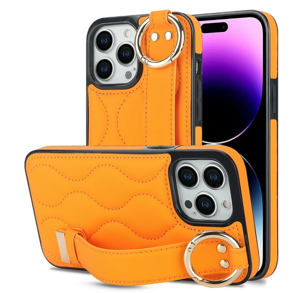 Allytechgroup 2024 New Trendy Back Case Cover for Apple iPhone 14 Pro Max, Premium PU Leather Luxury Design with Ring Holder Stand Bracket Bumper Shockproof Phone Case for Girls Women, Orange