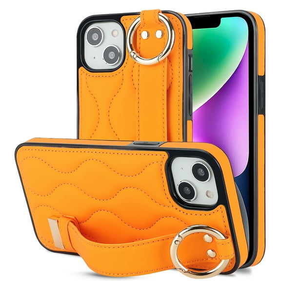 Allytechgroup 2024 New Trendy Back Case Cover for Apple iPhone 15 Plus, Premium PU Leather Luxury Design with Ring Holder Stand Bracket Bumper Shockproof Phone Case for Girls Women, Orange