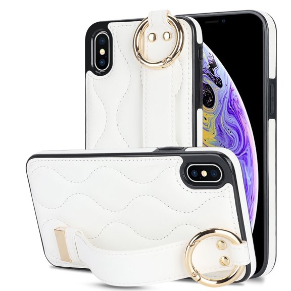 Allytechgroup 2024 New Trendy Back Case Cover for Apple iPhone X/ iPhone XS, Premium PU Leather Luxury Design with Ring Holder Stand Bracket Bumper Shockproof Phone Case for Girls Women, White