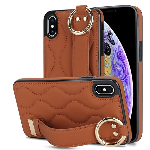 Allytechgroup 2024 New Trendy Back Case Cover for Apple iPhone X/ iPhone XS, Premium PU Leather Luxury Design with Ring Holder Stand Bracket Bumper Shockproof Phone Case for Girls Women, Brown