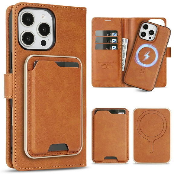 Allytechgroup 3 In 1 Magnetic iPhone 15 Case with Detachable Wallet & Card Holder, Compatible with Mag-safe PU Leather Folio Cover RFID Protection Phone Case for Apple iPhone 15,Brown