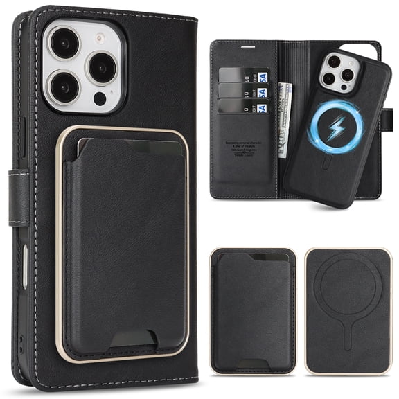 Allytechgroup 3 In 1 Magnetic iPhone 15 Pro Max Case with Detachable Wallet & Card Holder, Compatible with Mag-safe PU Leather Folio Cover RFID Protection Phone Case for Apple iPhone 15 Pro Max,Black