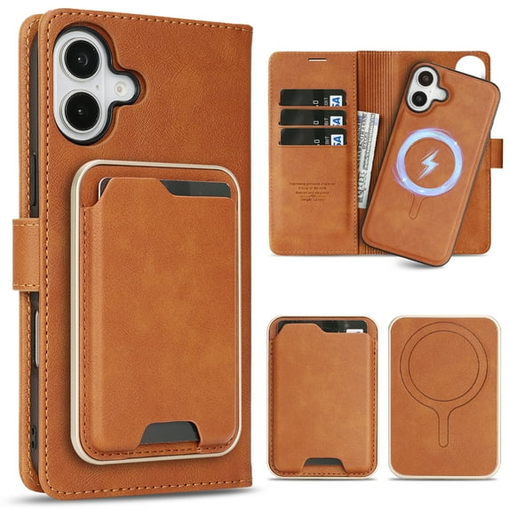 Allytechgroup 3 In 1 Magnetic iPhone 16 Case with Detachable Wallet & Card Holder, Compatible with Mag-safe PU Leather Folio Cover RFID Protection Phone Case for Apple iPhone 16,Brown