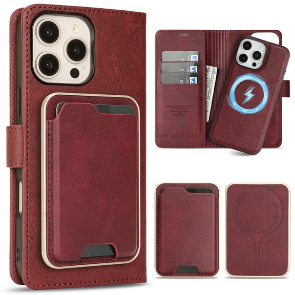 Allytechgroup 3 In 1 Magnetic iPhone 17 Pro Case with Detachable Wallet & Card Holder, Compatible with Mag-safe PU Leather Folio Cover RFID Protection Phone Case for iPhone 17 Pro, Red
