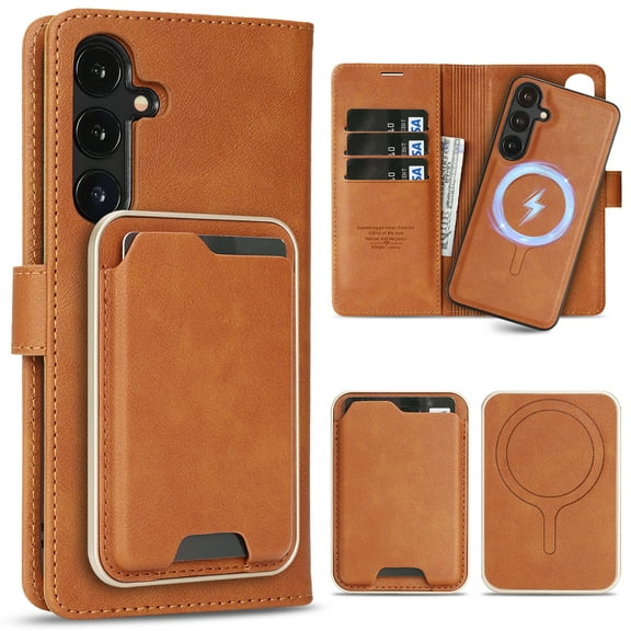 Allytechgroup 3 In 1 Samsung Galaxy S24 Case with Detachable Wallet & Card Holder, Compatible with Mag-safe PU Leather Folio Cover RFID Protection Phone Case for Samsung Galaxy S24,Brown