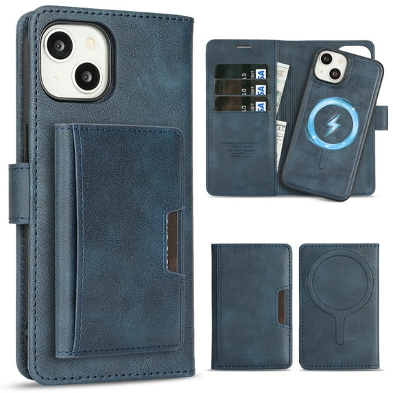 Allytechgroup 3 in 1 Wallet Case for Apple iPhone 13, Detachable Back Cover & Cards Holder Compatible with Mag-safe Shockproof RFID Blocking Stand Phone Case for iPhone 13, Blue