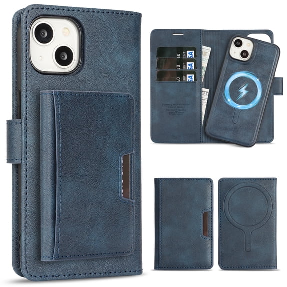 Allytechgroup 3 in 1 Wallet Case for Apple iPhone 15, Detachable Back Cover & Cards Holder Compatible with Mag-safe Shockproof RFID Blocking Stand Phone Case for iPhone 15, Blue