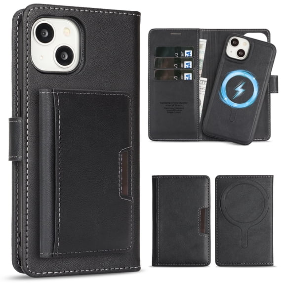 Allytechgroup 3 in 1 Wallet Case for Apple iPhone 15, Detachable Back Cover & Cards Holder Compatible with Mag-safe Shockproof RFID Blocking Stand Phone Case for iPhone 15, Black