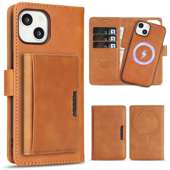 Allytechgroup 3 in 1 Wallet Case for Apple iPhone 15, Detachable Back Cover & Cards Holder Compatible with Mag-safe Shockproof RFID Blocking Stand Phone Case for iPhone 15, Brown