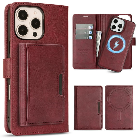 Allytechgroup 3 in 1 Wallet Case for Apple iPhone 15 Pro, Detachable Back Cover & Cards Holder Compatible with Mag-safe Shockproof RFID Blocking Stand Phone Case for iPhone 15 Pro, Red