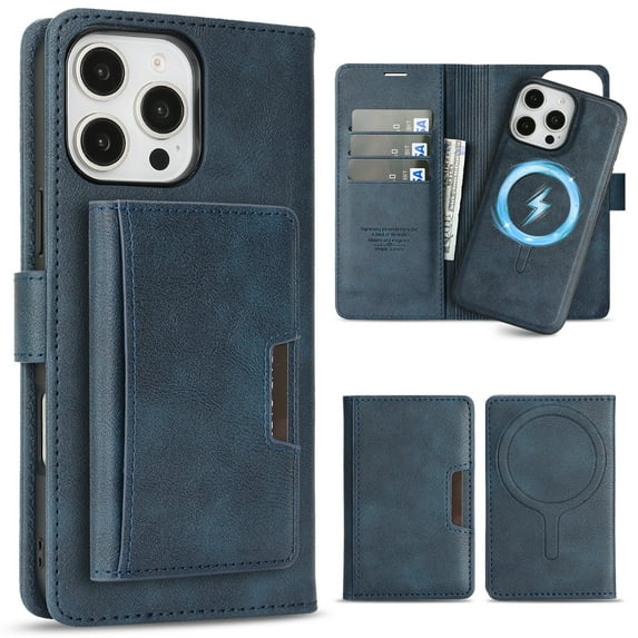 Allytechgroup 3 in 1 Wallet Case for Apple iPhone 15 Pro, Detachable Back Cover & Cards Holder Compatible with Mag-safe Shockproof RFID Blocking Stand Phone Case for iPhone 15 Pro, Blue