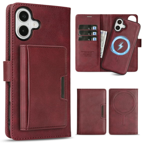 Allytechgroup 3 in 1 Wallet Case for Apple iPhone 16, Detachable Back Cover & Cards Holder Compatible with Mag-safe Shockproof RFID Blocking Stand Phone Case for iPhone 16, Red