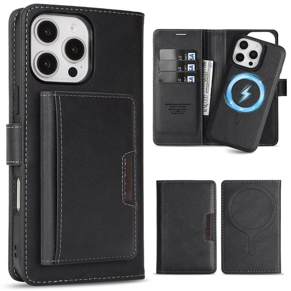 Allytechgroup 3 in 1 Wallet Case for Apple iPhone 16 Pro Max, Detachable Back Cover & Cards Holder Compatible with Mag-safe Shockproof RFID Blocking Stand Phone Case for iPhone 16 Pro Max, Black
