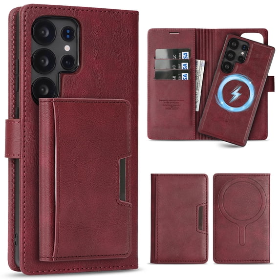 Allytechgroup 3 in 1 Wallet Case for Samsung Galaxy S25 Ultra,Detachable Back Cover & Cards Holder Compatible with Mag-safe Shockproof RFID Blocking Stand Phone Case for Samsung Galaxy S25 Ultra,Red