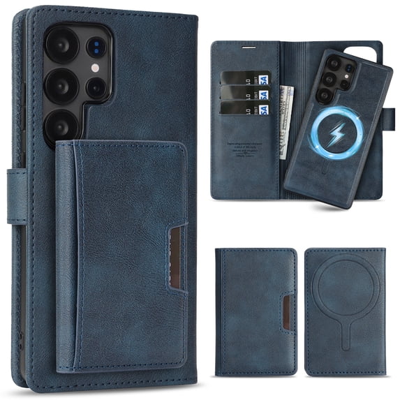 Allytechgroup 3 in 1 Wallet Case for Samsung Galaxy S25 Ultra,Detachable Back Cover & Cards Holder Compatible with Mag-safe Shockproof RFID Blocking Stand Phone Case for Samsung Galaxy S25 Ultra,Blue