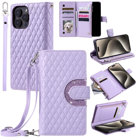 Allytechgroup 9 Cards Slots Wallet Case for iPhone 16 Pro Max, Zipper Pocket Hand Wrist Stand Kickstand Shockproof Bumper Phone Case Cover for iPhone 16 Pro Max for Girls Women, Purple