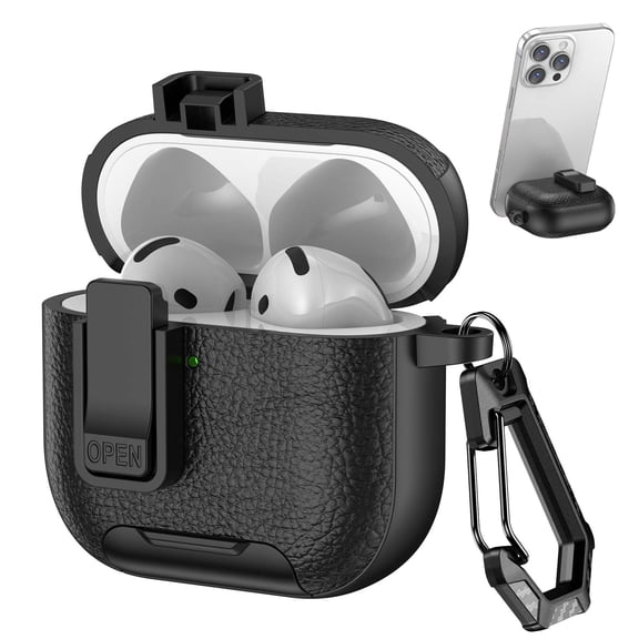 Allytechgroup AirPods 4 Case 2024, Stand for Cell Phone Premium PU Leather Lock Button Cover with Keychain Anti-Scratch Dustproof Wireless Charging Case for Apple AirPods 4th Generation, Black
