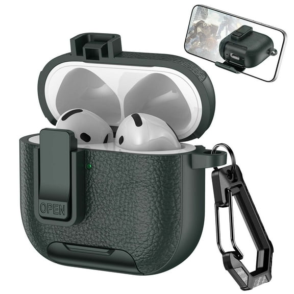 Allytechgroup AirPods 4 Case 2024, Stand for Cell Phone Premium PU Leather Lock Button Cover with Keychain Anti-Scratch Dustproof Wireless Charging Case for Apple AirPods 4th Generation, Armygreen