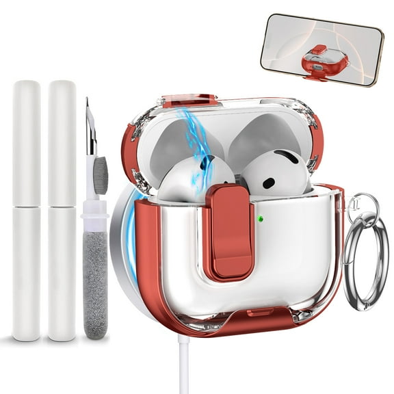 Allytechgroup for AirPods 4 Case with Cleaner Kit &Keychain, for Airpods 4th Generation Case (2024) with Phone Stand Compatible with Mag-safe Powerful Drop Protection Magnetic Lid, Red