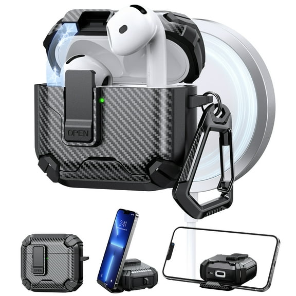 Allytechgroup AirPods 4th Generation Case with Keychain, Phone Stand Drop Protection Anti-Scratch Dustproof Wireless Charging Support Cover wtih Lock Button for Apple AirPods 4th Gen 2024,Black