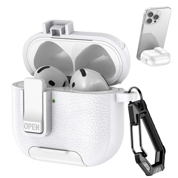 Allytechgroup AirPods Pro 1 Case 2019, Stand for Cell Phone PU Leather Lock Button Cover with Keychain Anti-Scratch Dustproof Wireless Charging Case for Apple Airpods Pro 1st Generation,White