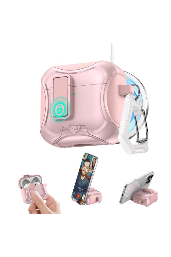 AirPods Pro 2 Case with Keychain, Cell Phone Stand Design Hard PC Shockproof Dustproof Anti-Scratch Bumper Rugged Case Cover for Apple Airpods Pro 2nd Generation 2022, Pink