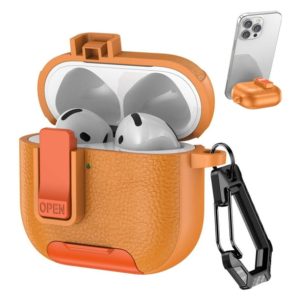 Allytechgroup AirPods Pro 3 Case, Stand for Cell Phone Premium PU Leather Lock Button Cover with Keychain Anti-Scratch Dustproof Wireless Charging Case for Apple Airpods Pro 3rd Gen 2025, Orange