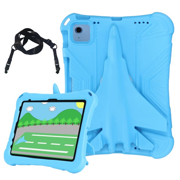 Allytechgroup Airplane Design Kids Case for Apple iPad Pro 11 2018/2020/2021/2022 1st 2nd 3rd 4th Gen/ iPad 10th Gen/ iPad Air 4 5 with Shoulder Strap, EVA Shockproof Stand Kids Friendly Case, Blue