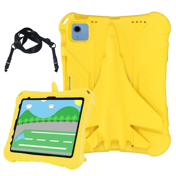 Allytechgroup Airplane Design Kids Case for Apple iPad Pro 11 2018/2020/2021/2022 1st 2nd 3rd 4th Gen/ iPad 10th Gen/ iPad Air 4 5 with Shoulder Strap, EVA Shockproof Stand Kids Friendly Case, Yellow