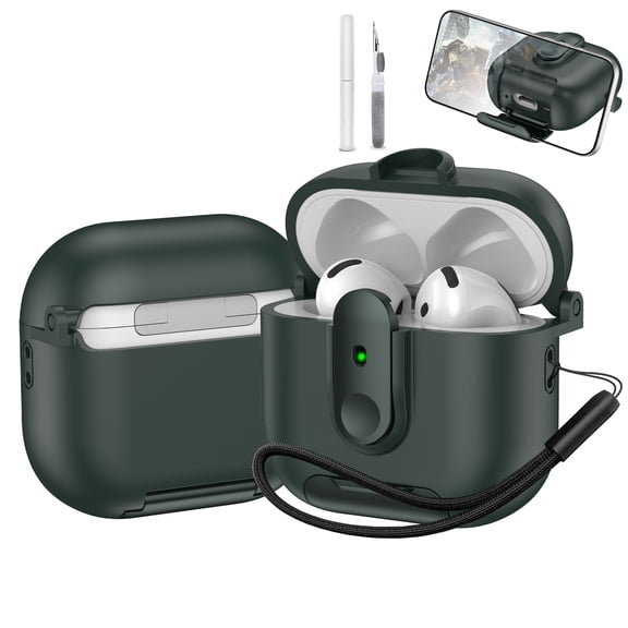 Allytechgroup for Airpods 4th Gen Case with Phone Stand & Lanyard & Cleaning Kit, Full Body Shockproof Hard Shell Protection Design Support Wireless Charging for Women Men, Armygreen