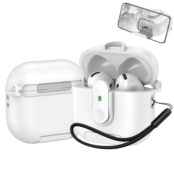 Allytechgroup for Airpods 4th Gen Case with Phone Stand & Lanyard,Full Body Shockproof Hard Shell Protection Design Support Wireless Charging for AirPods 4th Genaration 2024 Women Men, White