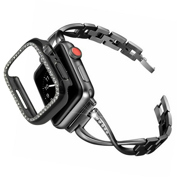 Allytechgroup Apple Watch Band + Case for Women Compatible with iWatch Series 7 8 9 45mm, Glitter Bling Stylish Luxury Bracelet Band with Case for Apple Watch 45mm, Black