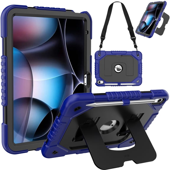 Allytechgroup for Apple iPad 11th 10th Gen Rugged Tablet Case Cover, Shock-Resistant PC+TPU Basic Protective Case with Kickstand & Shoulder Strap Non-Slip for Women Men, Blue