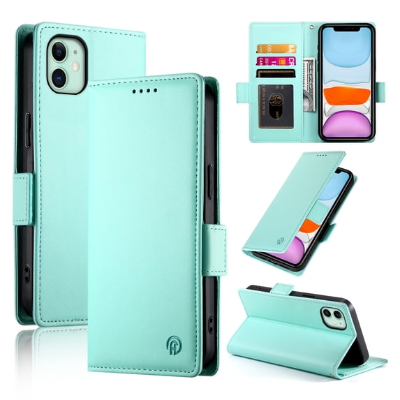 Allytechgroup for Apple iPhone 11 Case Wallet, Retro PU Leather Slim Fit Business Style Magnetic Closure Cards Slots RFID Blocking Phone Case for Women Men, Mint