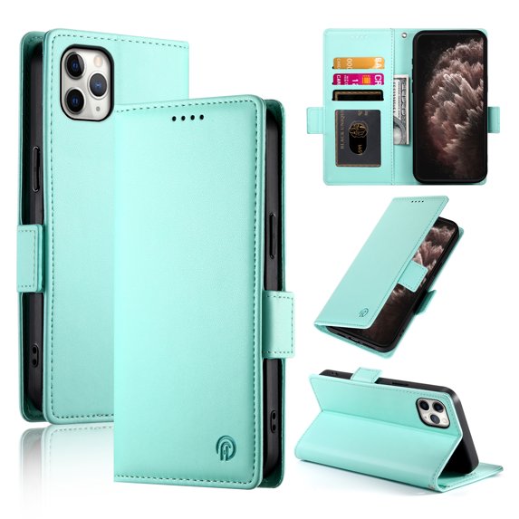 Allytechgroup for Apple iPhone 11 Pro Max Case Wallet, Retro PU Leather Slim Fit Business Style Magnetic Closure Cards Slots RFID Blocking Phone Case for Women Men, Mint