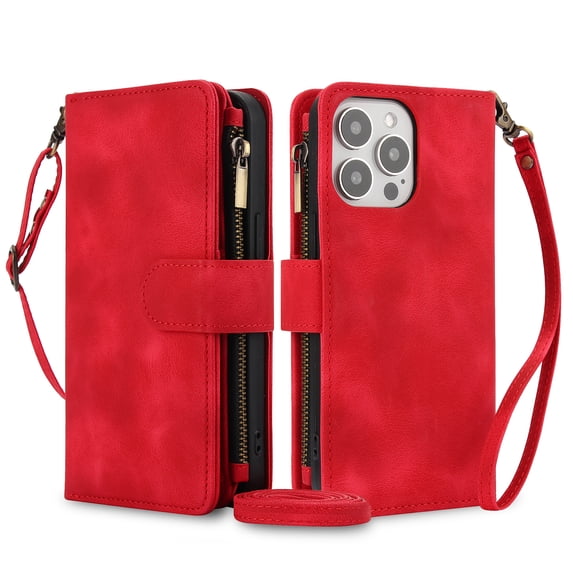 Allytechgroup for Apple iPhone 11 Pro Max Wallet Case with Cards Holder/ Zipper Pocket/ Crossbody Shoulder Strap/ Hand Wrist, RFID Blocking PU Leather Protective Drop Proof Case for Women Men,Red