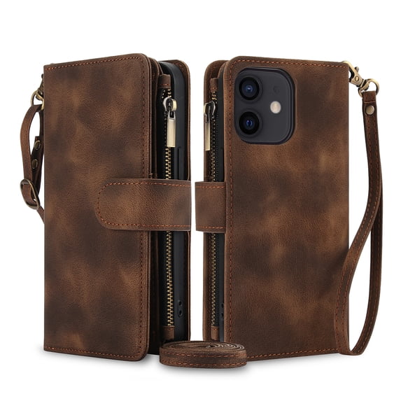 Allytechgroup for Apple iPhone 11 Wallet Case with Cards Holder/ Zipper Pocket/ Crossbody Shoulder Strap/ Hand Wrist, RFID Blocking PU Leather Protective Drop Proof Case for Women Men,Brown