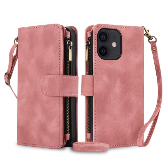 Allytechgroup for Apple iPhone 11 Wallet Case with Cards Holder/ Zipper Pocket/ Crossbody Shoulder Strap/ Hand Wrist, RFID Blocking PU Leather Protective Drop Proof Case for Women Men,Rosegold
