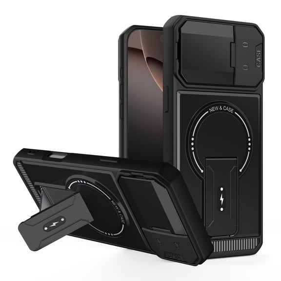 Allytechgroup for Apple iPhone 13 Case with Camera Cover/ Kickstand [Compatible with MagSafe] Magnetic Wireless Charging Case Hard PC + Soft TPU Back Shockproof Military Grade Shell, Black