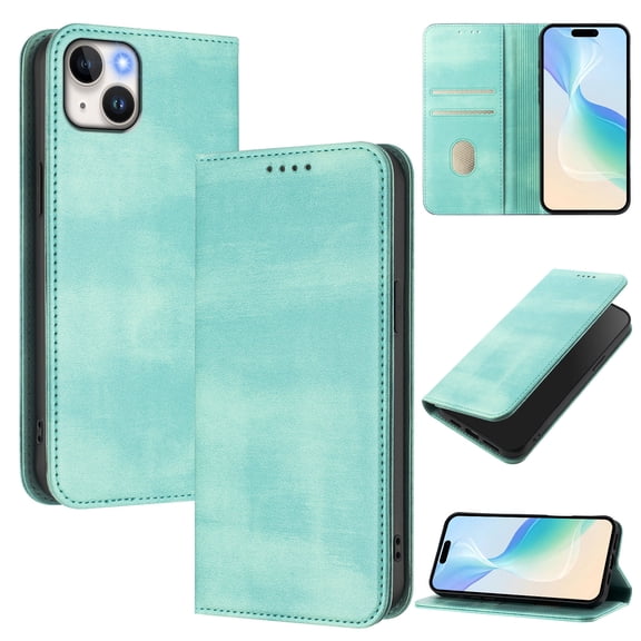 Allytechgroup for Apple iPhone 13 Case Folio Stand RFID Blocking [Wireless Charging] Magnetic Wallet Cover with Credit Card Holder/Card Cash Pockets/PU Leather & Soft TPU Shockproof Cover, Mint