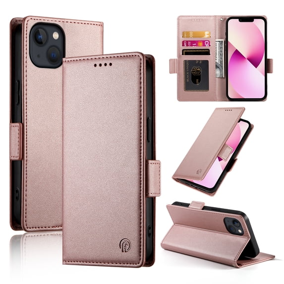Allytechgroup for Apple iPhone 13 Case Wallet, Retro PU Leather Slim Fit Business Style Magnetic Closure Cards Slots RFID Blocking Phone Case for Women Men, Rosegold