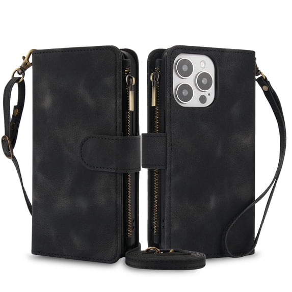 Allytechgroup for Apple iPhone 13 Pro Wallet Case with Cards Holder/ Zipper Pocket/ Crossbody Shoulder Strap/ Hand Wrist, RFID Blocking PU Leather Protective Drop Proof Case for Women Men,Black