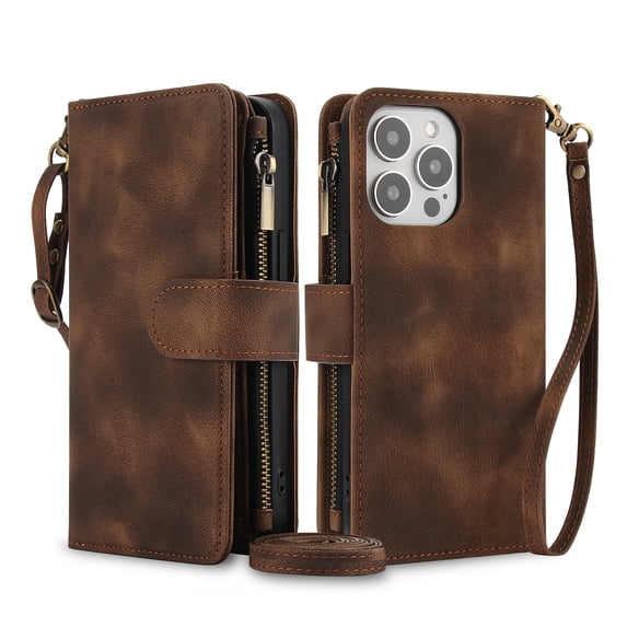 Allytechgroup for Apple iPhone 13 Pro Wallet Case with Cards Holder/ Zipper Pocket/ Crossbody Shoulder Strap/ Hand Wrist, RFID Blocking PU Leather Protective Drop Proof Case for Women Men,Brown