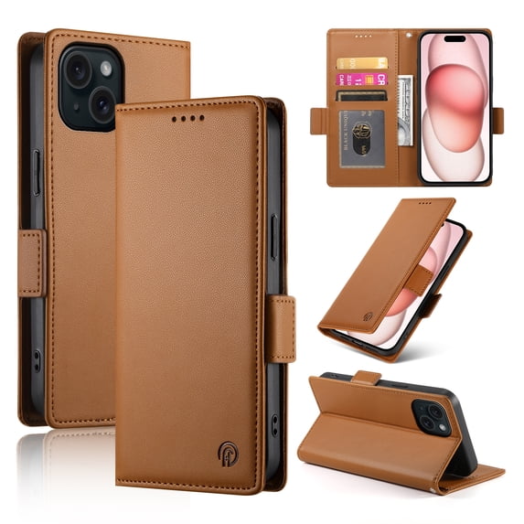 Allytechgroup for Apple iPhone 15 Plus Case Wallet, Retro PU Leather Slim Fit Business Style Magnetic Closure Cards Slots RFID Blocking Phone Case for Women Men, Brown
