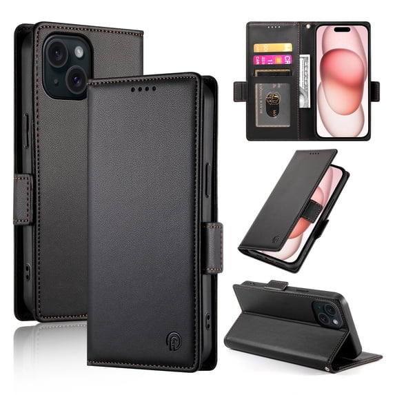 Allytechgroup for Apple iPhone 15 Plus Case Wallet, Retro PU Leather Slim Fit Business Style Magnetic Closure Cards Slots RFID Blocking Phone Case for Women Men, Black