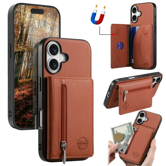 Allytechgroup for Apple iPhone 15 Pro Case, Slim PU Leather Back Cover with Zipper Card Pocket Anti-Scratch Shock-Absorbent Anti-Fingerprint Protective PC+TPU Basic Case for Women Men, Brown