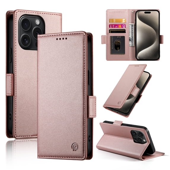 Allytechgroup for Apple iPhone 15 Pro Case Wallet, Retro PU Leather Slim Fit Business Style Magnetic Closure Cards Slots RFID Blocking Phone Case for Women Men, Rosegold