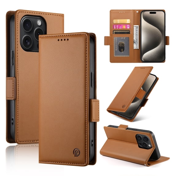 Allytechgroup for Apple iPhone 15 Pro Case Wallet, Retro PU Leather Slim Fit Business Style Magnetic Closure Cards Slots RFID Blocking Phone Case for Women Men, Brown