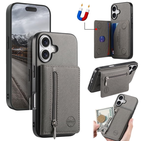 Allytechgroup for Apple iPhone 16 Plus Case, Slim PU Leather Back Cover with Zipper Card Pocket Anti-Scratch Shock-Absorbent Anti-Fingerprint Protective PC+TPU Basic Case for Women Men, Gray
